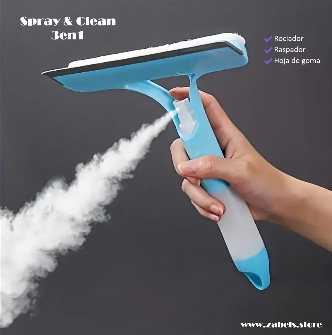 Spray & Clean 3 en 1. Rociador, raspador y hoja de goma. Limpiador para ventanas, azulejos y cristales del coche